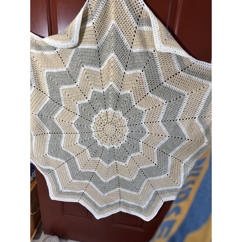 Vintage Star Afghan Throw Blanket Hand Knit Crochet Lrg 55" Gray White & Tan
